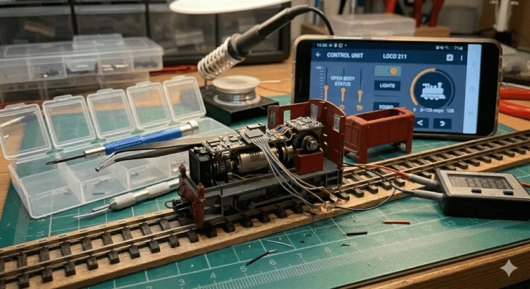 Décodeur DCC installé dans le châssis d'une micro-locomotive HOe à voie étroite