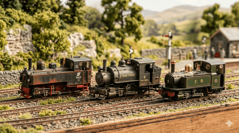 Trois locomotives de modélisme ferroviaire voie étroite HOe, HOn30 et 009 sur un réseau miniature, kits résine peints