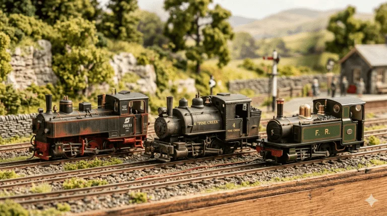 Trois locomotives de modélisme ferroviaire voie étroite HOe, HOn30 et 009 sur un réseau miniature, kits résine peints