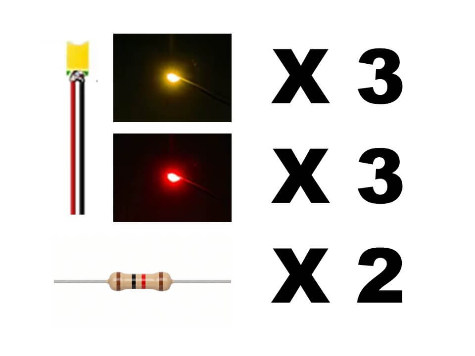 Kit d'éclairage LED 6 feux TrainDIY avec 3 LED jaunes, 3 LED rouges et 2 résistances pour Couillet Augusta